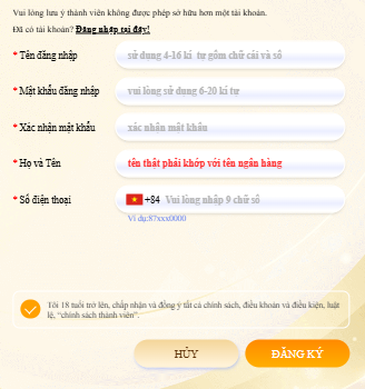 Giao diện điền thông tin thành viên tại cổng game nhà cái C168 COM